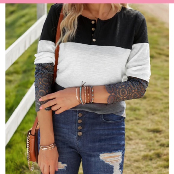 COLOR BLOCK SPLICED LACE SLEEVE RIBBED TOP size XXL - Picture 4 of 6